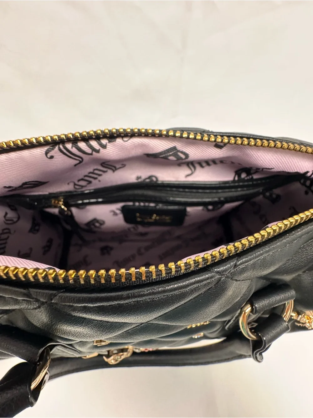 Juicy Couture Black Quilted Satchel Charms Gold Hardware Cute